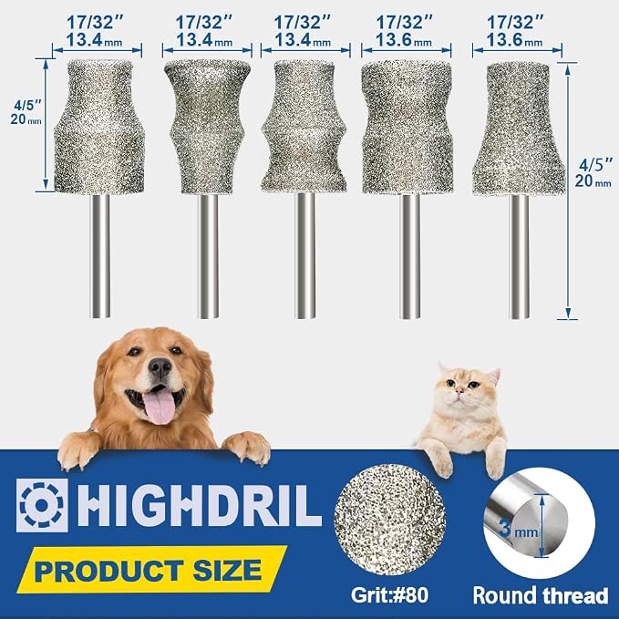 HIGHDRIL Diamond Rotary Nail Grinder Bits for Dog - 5PCS 1/8" Replacement Grinder Wheel for Pets Nail Care