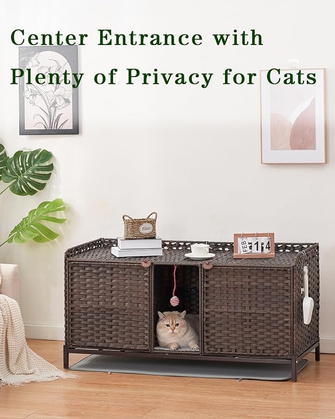 SETVSON Cat Litter Box Enclosure for 2 Cats, Hidden Litter Box Furniture with Mat, Large Rattan Cat House with Double Room and Door, 47.3 L x 19.7 W x 24 H, 2 S-Shaped Hooks for Living Room Brown