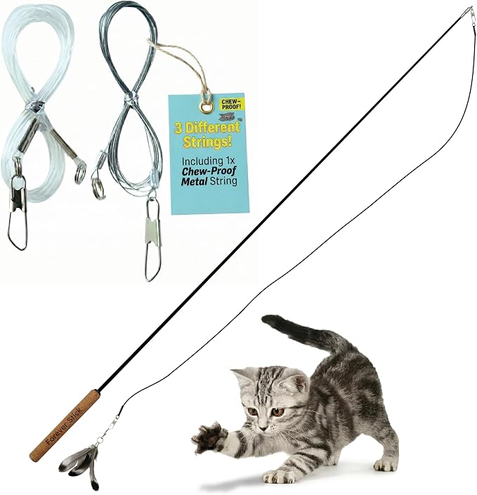 Forever Stick and 3 Strings including Chew Proof Metal Wire - The Unbreakable Cat Wand Toy, Durable Cat Toy Wand, Extra Long Cat String Toy, Cat Fishing Pole Toy for Bored Indoor Adult Cats, Stick Toy