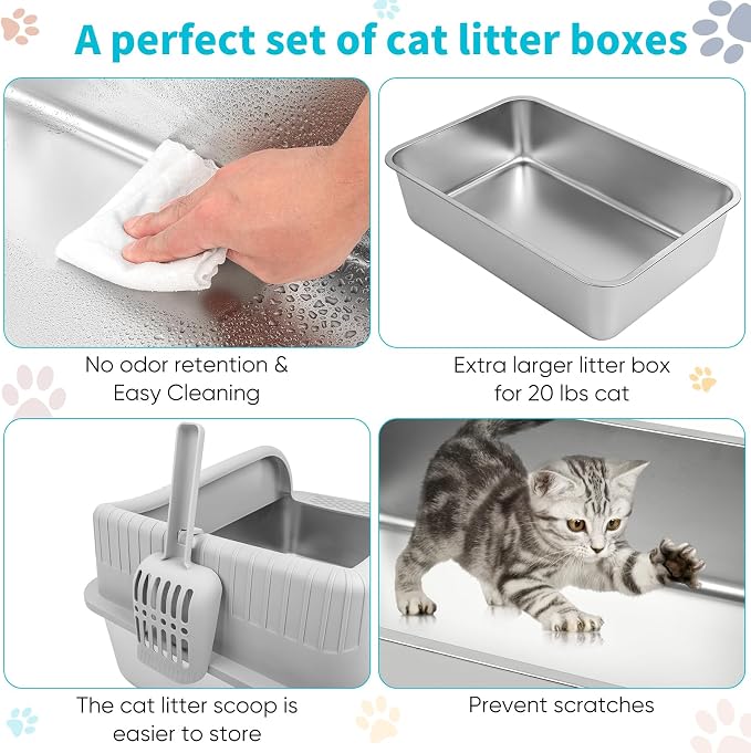 2PACK Stainless Steel Litter Boxes with Lid High Sides, Extra Large Metal Boxes for Big Cats, Odor Free Litter Pan Include Scoop, Leak-Proo, Stain-Free, Rust-Free, Easy to Clean, Non-Sticky