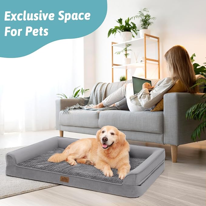 COZY KISS Orthopedic Dog Bed for Extra Large Dog, XL Pet Sofa, Bolster Foam Bed with Sides, Non-Slip and Egg-Crate Big Dog Couch Bed with Washable Removable Cover, U-Shaped, 42x30x7.5 inch, Grey