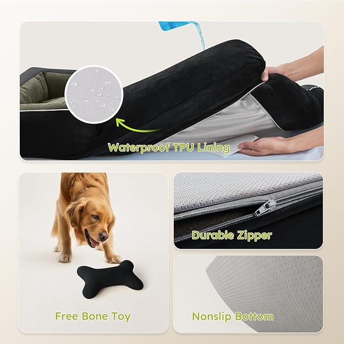 CWAWZ Jumbo Dog Bed for Extra Large Dogs, Orthopedic Dog Bed with Cooling Gel Memory Foam, Waterproof Pet Bed with Removable Washable Cover, 45" Pet Sofa Couch Dutch Velvet with Bone Toy, Black
