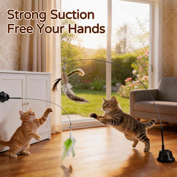 Interactive Cat Toys for Indoor Cats, Flying Bird Feather Toy, Cat Teaser Enrichment with Adhesive-Backed Suction Cups, Self-Play Teaser for Bored Cats
