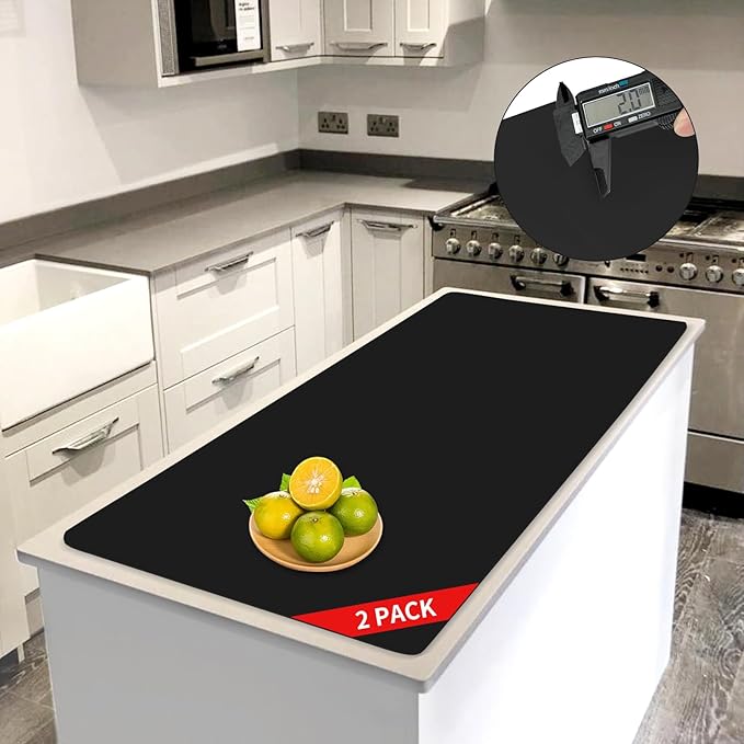 2MM Extra Thick Silicone Kitchen Counter Mat, 47.2" x 23.6" Non-Slip Heat Resistant Countertop Protector, Extra Large Craft and Kitchen Mat (Black),2Pack