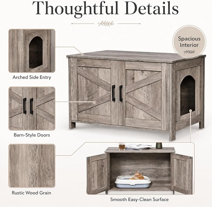 Homhedy Cat Litter Box Enclosure, Wooden Cat Washroom Furniture with Barn Door, Pet House, Fit Most of Litter Box, Greige