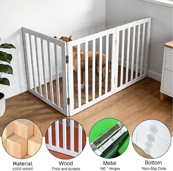 Dog Gate Indoor, Freestanding Dog Fence for The House, Doorways, Hallways,or Stairs,Pet Gate Foldable Wooden,Expandable 32" Height 3 Panels,White