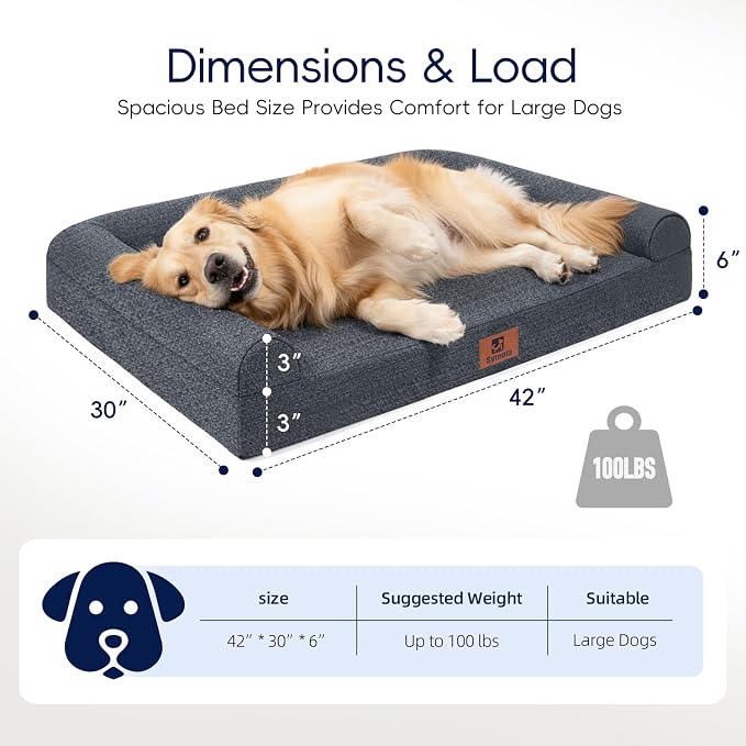 Sytopia Indestructible Chew Proof Orthopedic Sofa Dog Bed for Extra Large Dogs 42x30 Inch, XL Waterproof Foam Pet Couch Bed with Sides, Egg Crate Foam Dog Bed with Washable Removable Cover, Dark Grey