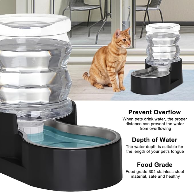RIZZARI 4L Filter-Free Black Gravity Pet Water Dispenser for Cats and Small Dogs, Spill-Resistant Stainless Steel Water Bowl for Modern Apartments, Gaming Rooms, and Low-Mess Indoor Spaces