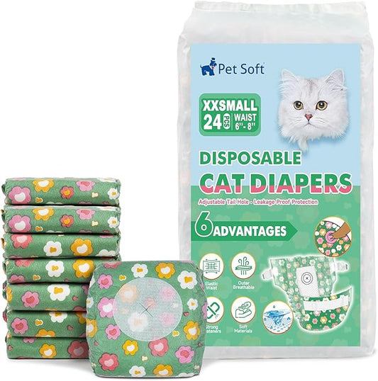 Pet Soft Disposable Cat Diapers - Diaper for Female & Male Cats, Puppy Doggie Diapers for Female Dogs with Adjustable Foam Tail Hole, XX-Small (24Pcs, Green)