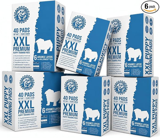 Bulldogology Premium XXL Puppy Pee Pads with Adhesive Sticky Tape Extra Large Dog Training Wee Pads 6 Layer Absorbent Bullsorbent Technology White 240 Count 30 x 36