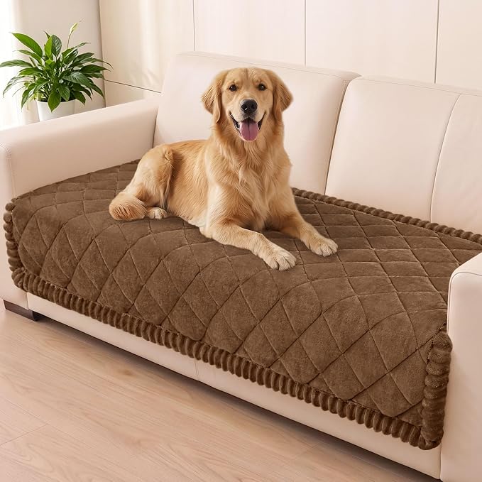 Smiry Couch Cover for Dogs, Non Slip Washable Pet Sofa Protector for Large Dogs, Cats, Fuzzy Plush Sofa Covers for 2 Cushion Couch, Against Fur, Dirt & Scratch Resistant, Brown, 35.4"×63"