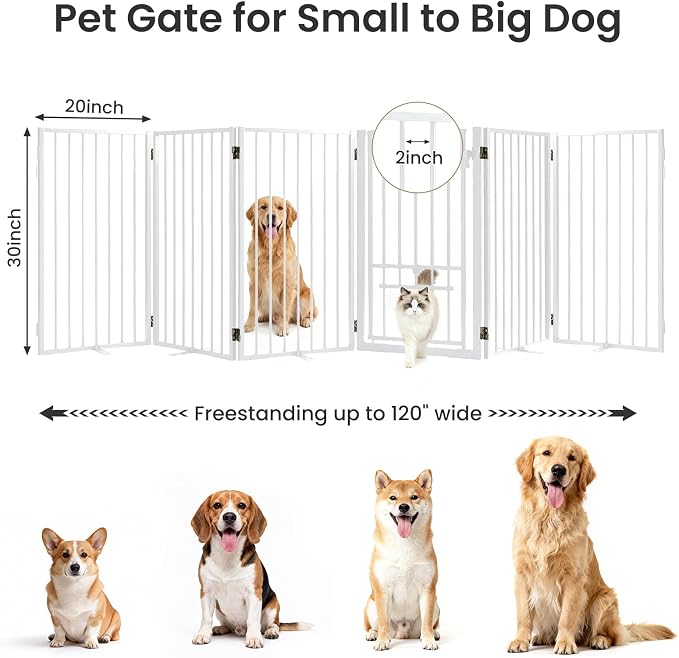 Metal Freestanding Dog Gate with Cat Door for Outdoor & Indoor,120" Extra Wide Foldable Pet Fence,30" Tall Free Standing Dog Gate for RV Camping,Stairs,Hallways,Doorways,Deck,Yard (6 Panels,White)