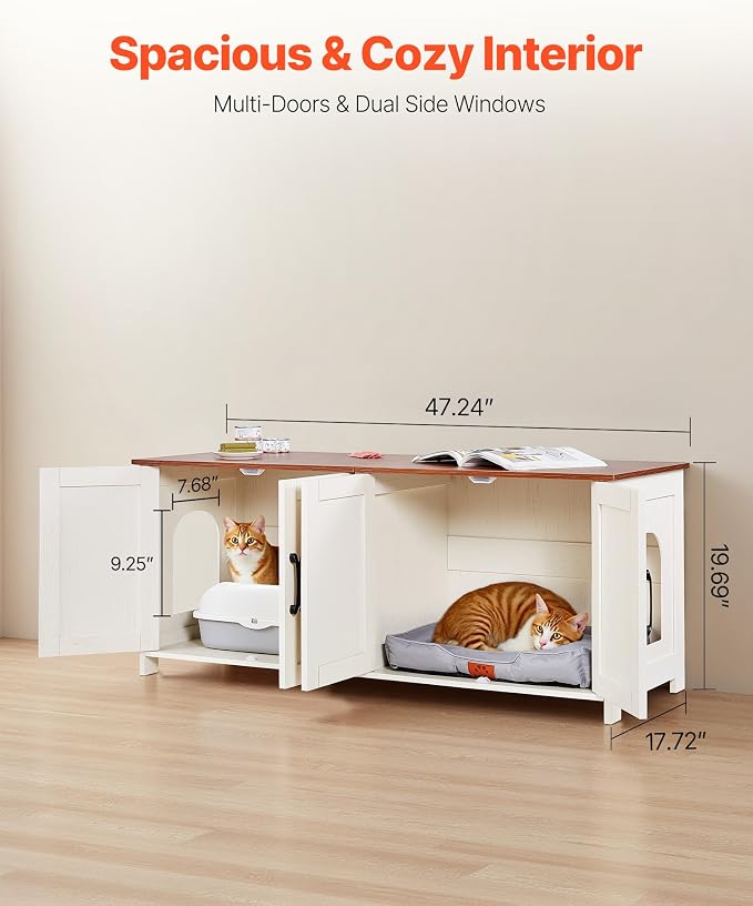 VEVOR Cat Litter Box Enclosure for 2 Cats, Litter Box Furniture Hidden with Double Rooms, Wooden Cat Box Cabinet Fit Most of Litter Box