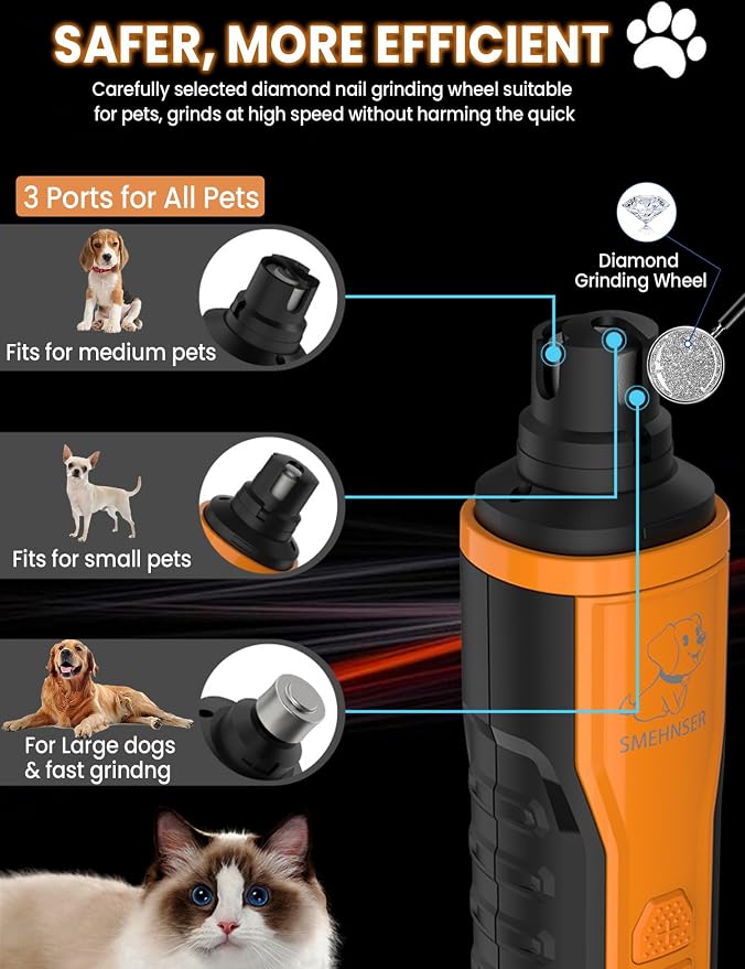 5 Speed Dog Nail Grinder with LCD Display, Rechargeable Low Noise Dog Nail Trimmers with Dual LED Light & Diamond Grinding Wheel, 2000mAh Battery Pet Nail Trimmer for Cats Small, Medium & Large Dogs