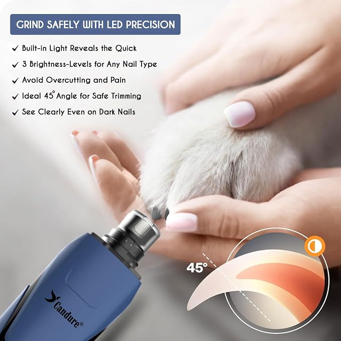 Candure Dog Nail Clipper with LED Light - Illuminates Nail Bloodline for Safer Trimming, Sharp Blade for Thick Nails - Grooming Tool with Nail File (All Size Pets, Dark Blue)