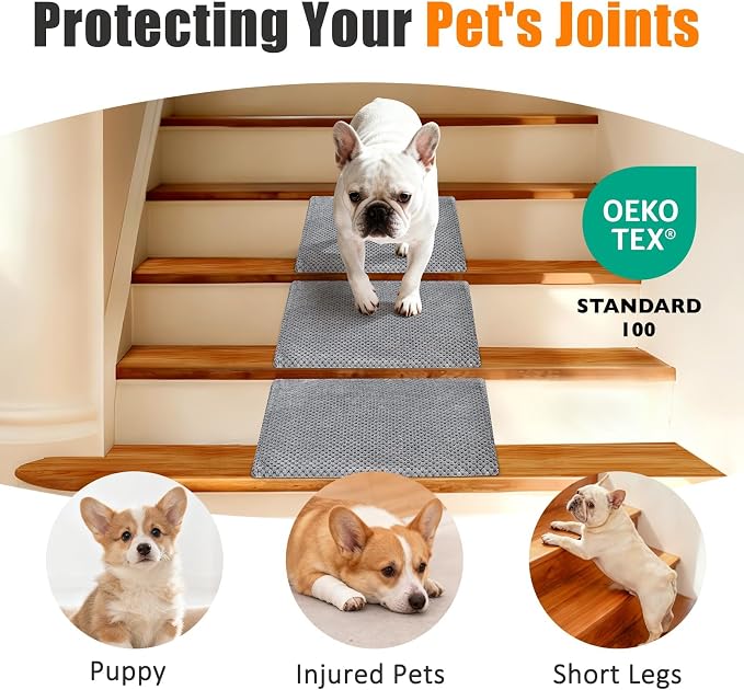 Dog Ramp for Stairs, Non-Slip Stair Wedges with Gentle Slope, Pet Ramp with Washable Cover and Self-Sticky Pads for Safe Climbing, Gray, 6 Pack