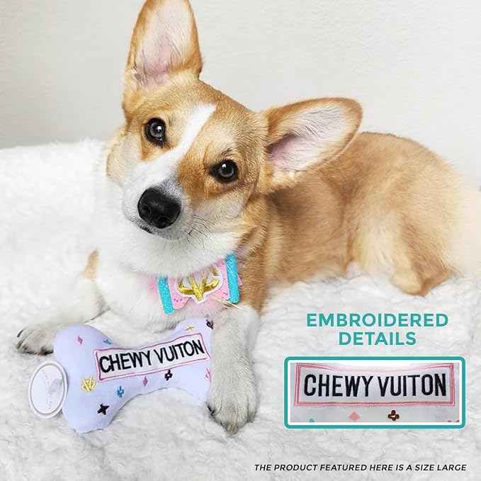 Haute Diggity Dog Chewy Vuiton Bone Plush Squeaky Dog Toy, Soft Durable Designer-Inspired Stuffed Puppy Chew Toys for Small & Medium Dogs, Machine-Washable (White) Large