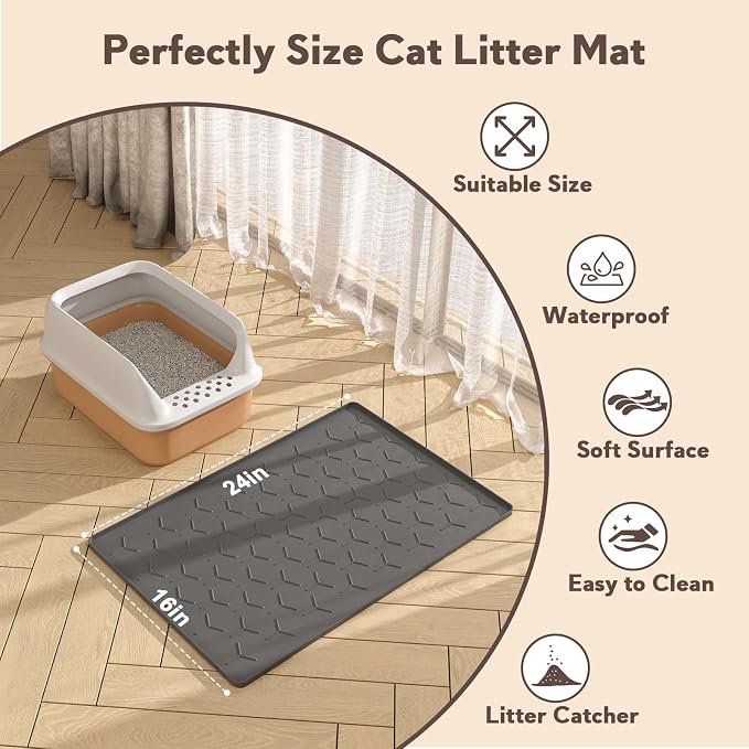Garoopion Cat Litter Box Mat, Silicone Kitty Litter Mat, 24" X 16" Waterproof Silicone Pad for Floor, Dark Gray