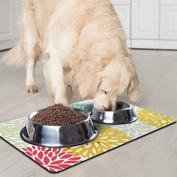 Dog Food Mats for Floors, Absorbent and Quick-Drying Pet Cat Food Mat,Anti-Fouling and Easy-to-Clean Pet Feeding Mat,Dog Bowl Mat for Messy Drinking Water Bowls.17x32, Bohemia Dahlia Floral Style