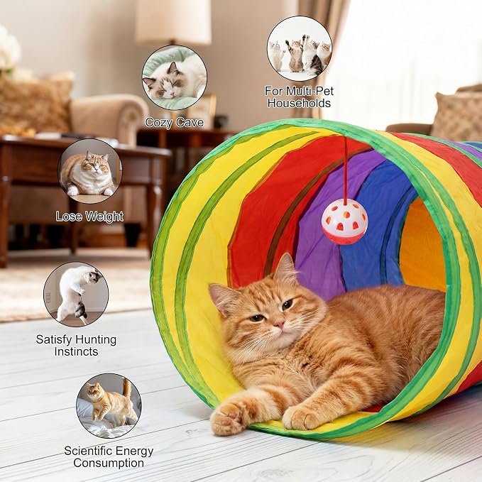 Bemodst S-Type Cat Tunnel, 2 Way/3 Way/4 Way/5 Way Collapsible S-Shape Small Animal Tubes Kitty Tunnels Interactive Maze House Toy with Storage Bag for Kitten Puppy Rabbit Guinea Pig (Rainbow-5 Way)
