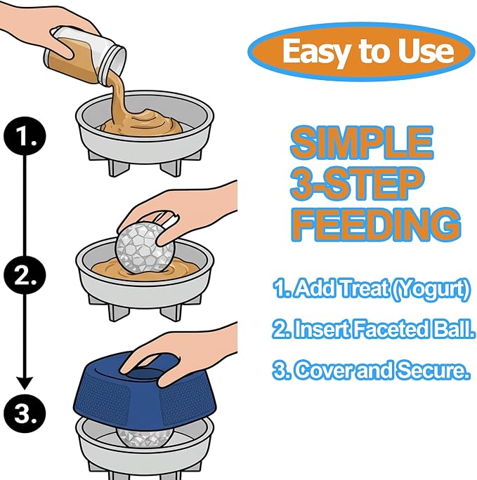 Slow Feeder Dog Bowl for Liquid Treats – Dog Lick Bowl with Rolling Ball, Anti-Slip Dog Enrichment Toy for Bone Broth and Yogurt, Calming Mental Stimulation for Small Medium Breeds-Blue