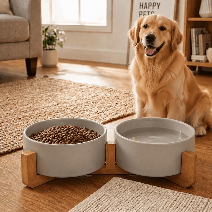SPUNKYJUNKY Ceramic Dog and Cat Bowl Set with Wooden Stand, Modern Cute Weighted Food Water Bowl Set for Medium to Large Size Dogs (42 OZ, 2 × Grey)