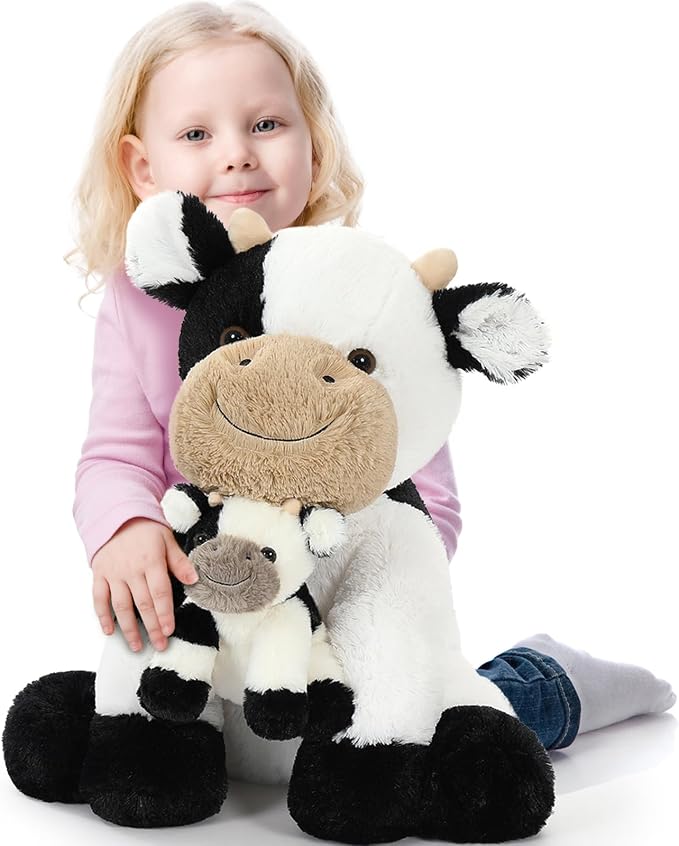 Tezituor 2-in-1 Large Cow Stuffed Animals, 20 inch Big Stuffed Mommy Cow with Cute Baby Cow Plush Toy Hugging Soft Plush Pillow for Boys Girls