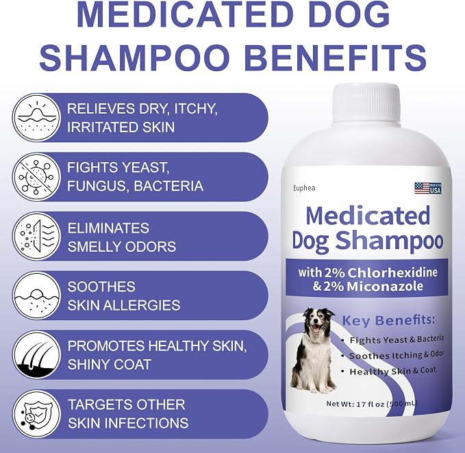 Medicated Dog Shampoo with 2% Miconazole & 2% Chlorhexidine – Relief for Itchy, Odor & Redness – Gentle Vet-Grade Formula for Healthy Skin & Coat - 17 oz