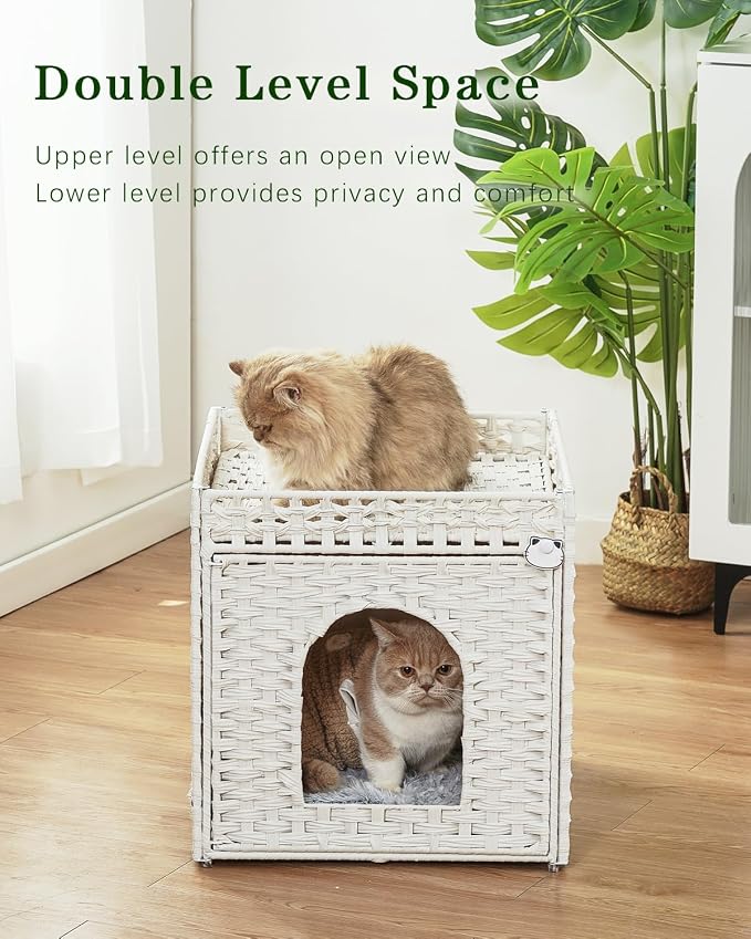 SETVSON Cat Beds for Indoor Cats Extra Large Double Cat Cave Pet Cube, Handwoven Rattan Cat Houses with Double-Sided Soft Cushions, 18.5 x 20.5 x 19.1 Inches Foldable Hideaway in Living Room White