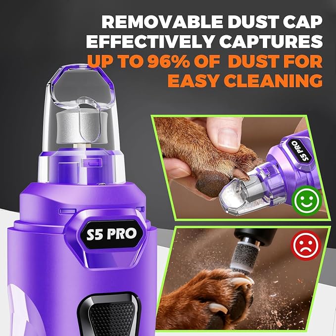 Whisper Quiet Dog Nail Grinder with 4 LED Lights, Safe & Stress-Free for Sensitive Dogs of All Breeds & Sizes, 3 Grinding Bits, 3-Speed, Pet Nail Trimmers, Rechargeable Painless Grooming Kit Purple