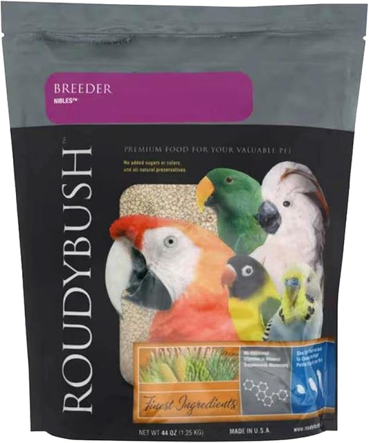RoudyBush Breeder Food for Breeding & Weaning Birds, Pelleted Diet Made with Corn, Wheat & Soy, Daily Food for Small & Medium Parrots, Nibble Pellet, 44 OZ