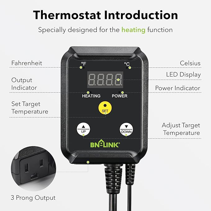 BN-LINK Reptile Thermostat Controller and 2 Pack Heat Mat for Seed Germination, Reptiles and Brewing Breeding Incubation Greenhouse