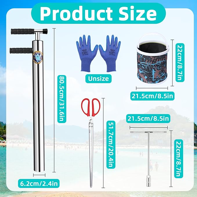 2026 6pcs V4 Upgrade Ghost Shrimp Pump Kit - 32in Stainless Steel Sand Vacuum for Fishing, F-Shape Grip Beach Extractor for Ghost Shrimp Bucket Kit with Gloves & Clamp