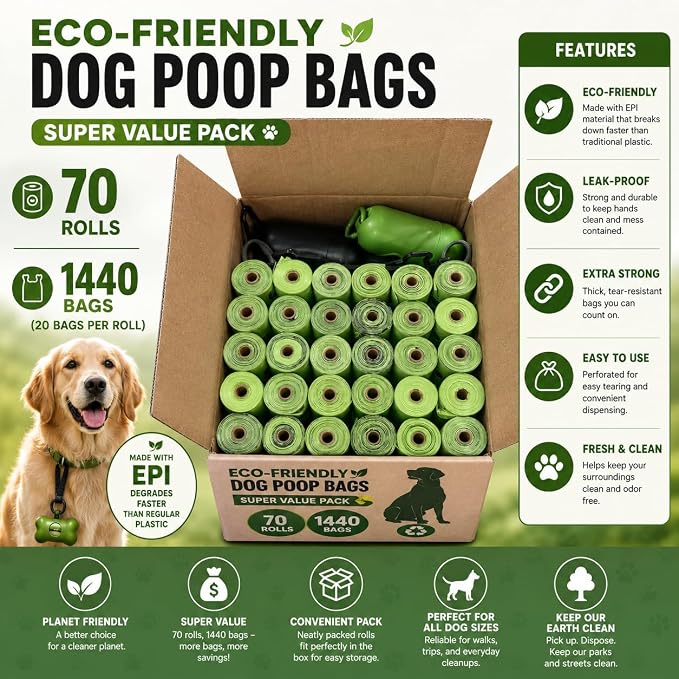 Doggy Poop Bags Biodegradable with Dispenser (1440 Bags) Eco-friendly Dog Waste Pickup Bags Landfill-friendly Refill Rolls Cat Waste Bags (Green, 72 Rolls, Lavender Scented)