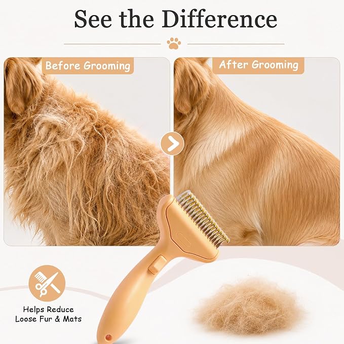 Dog Brush and Cat Deshedding Rake, Pet Grooming Tool for Shedding with Rounded Stainless Steel Teeth, Comfortable Grip for Long or Thick Coats (Style 2 Orange)