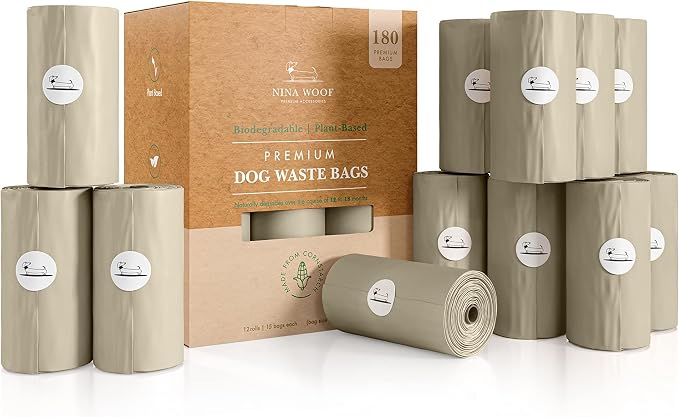NINA WOOF Dog Poop Bags - 180 Compostable & Biodegradable with Leather Poop Bag Holder - (Grey) Bundle - Versatile Vegan Leather Waste Bag Holder for Dog Poop and Dog Waste Bags for Puppy Walks