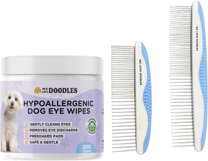 We Love Doodles Dog Eye Wipes & Metal Dog Comb Bundle - Pre-Soaked Eye Wipes for Dogs, Tear Stain Remover for Dogs, Pet Eye Wipes, Dog Eye Cleaner, Dematting Comb for Dogs, Dematting Comb for Dogs