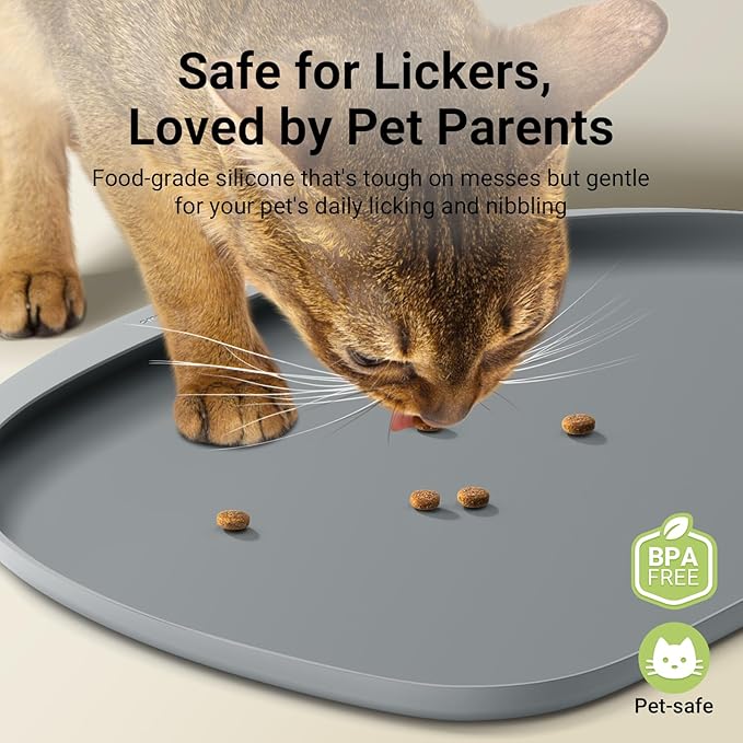 DownyPaws Cat Food Mats for Floors Waterproof, BPA Free Silicone Pet Feeding Mat, Non-Slip Pet Food Mat with High Raised Edge, Cat Placemat for Messy Drinkers, 18"×12.5", Gray (Pack of 2)