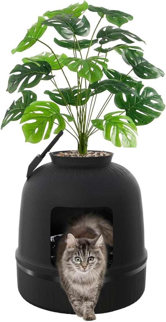 Lifewit Cat Litter Box, Hidden Enclosure Litter Tray with Odor Control & Carbon Filter in Living Room, Bedroom, Corner with Faux Plant& Plastic Scoop, Litter Liner, 48 x 120 cm/19x47, Black