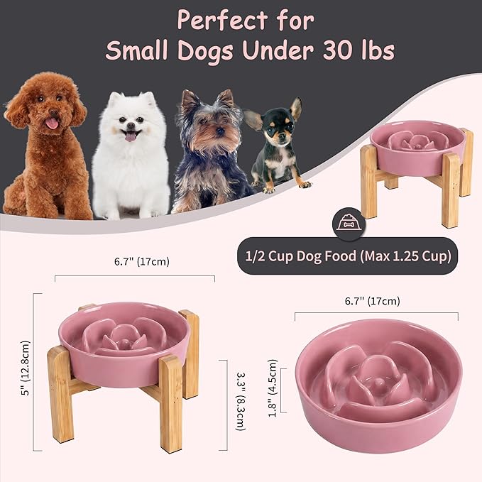 Elevated Slow Feeder Dog Bowl - Ceramic Maze Food Dish with Bamboo Stand - Raised Feeding Bowl for Fast Eaters - Ideal for Small and Medium Dogs - Pink - 6.7 inch