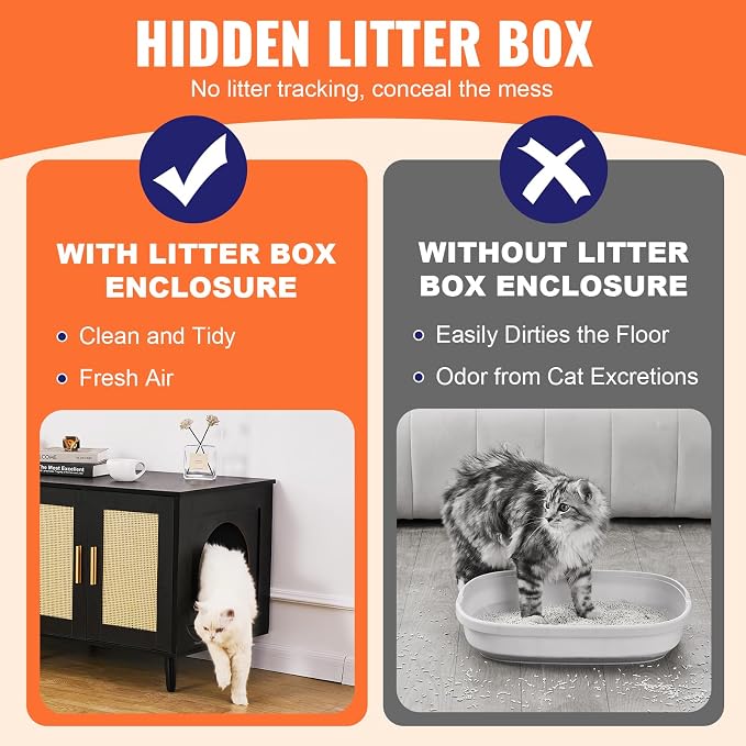 VEVOR Cat Litter Box Enclosure for 2 Cats, Litter Box Furniture Hidden with Double Rooms, Wooden Cat Box Cabinet Fit Most of Litter Box