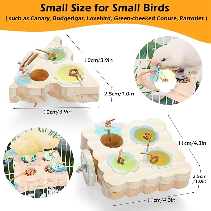 Small Pet Activity Set - 2pc Wooden Bird Foraging Toys and 3pc Sugar Glider Climbing Ropes for Cage Enrichment Green Blue Yellow
