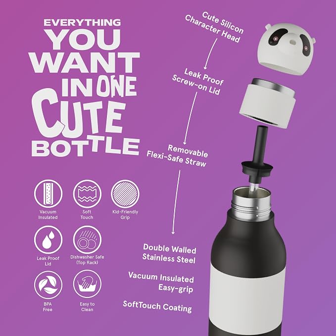 asobu Bestie Bottle Insulated Stainless Steel Water Bottle with Detachable Soft Animal Head Fun Drinking For Kids and Teens with Flexible Reusable Straw 16 Ounce (Panda)