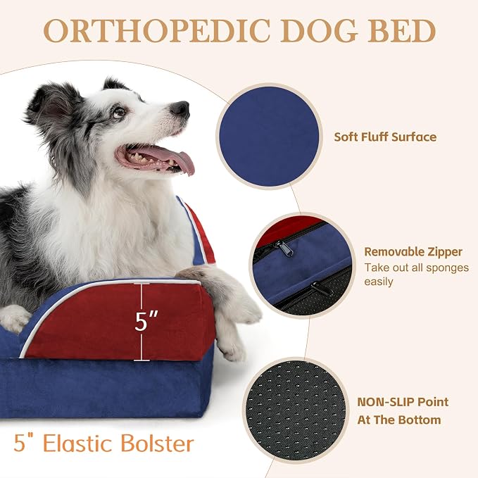 Comfort Expression Orthopedic Dog Bed for Large Dogs 36x27 Inch, Waterproof Egg Crate Foam Large Pet Bed with Bolsters, Dog Couch with Washable Cover & Non-Slip Bottom, American Flag 4