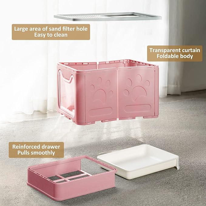 Cat Litter Box Foldable Portable Cat Litter Pan with Lid,Top Entry Litter Box Large Covered Cat Litter Box for Travel with Cat Litter Scoop,Brush and Garbage Bag
