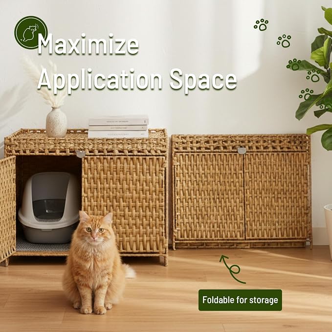 Neti Neti Cat Litter Box Enclosure Furniture, A Calm Enclosed Space Chosen by Cats, Handwoven Rattan Hidden Cabinet with 2 Removable Mats, Large Foldable Design for Indoor Use, Large, Natural