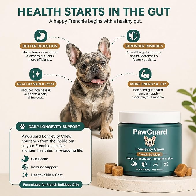 PawGuard French Bulldog Longevity Chews, Breed-Specific Formula Supplement for Bulldogs' Probiotics Chews, Supports Gut Health, Immunity & Skin, Pork Flavor, 30 Count (2 PCS)