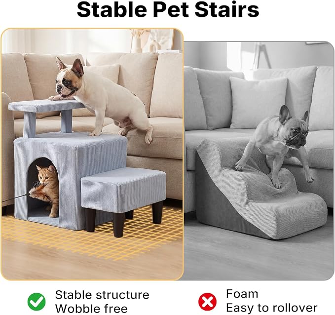 Veehoo 3 in 1 Dog Cat Stairs for Bed Couch, Small Steps Non Slip for Older Dogs Cats to Get on Bed Portable with Cave Condo and Cushioned Foot Stool, Pet Steps Cat Ramps Indoor for Senior Cats Dogs