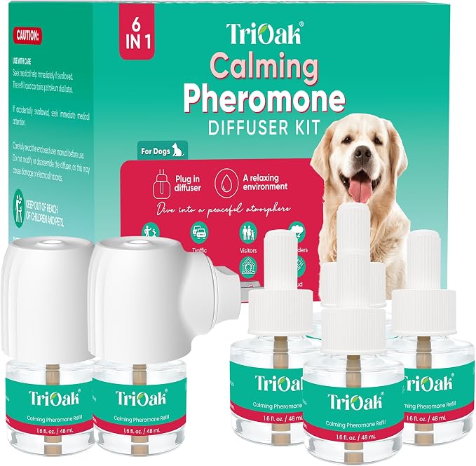 Calming Diffuser for Dog: Appeasing Dog Pheromones Calming Diffuser Plug in Kit for Separation Anxiety, Stress Chewing, Peeing Accidents, 2 Diffusers + 4 Refills (Teal)