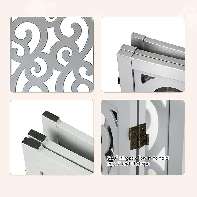 Ashfield & Harkness: 3-Panel Pet Gate - Scroll Grey - Wooden Foldable Freestanding Fence, Small Dogs & Puppy, 48 x 19.3, Indoor-Doorway-Halls-Stairs